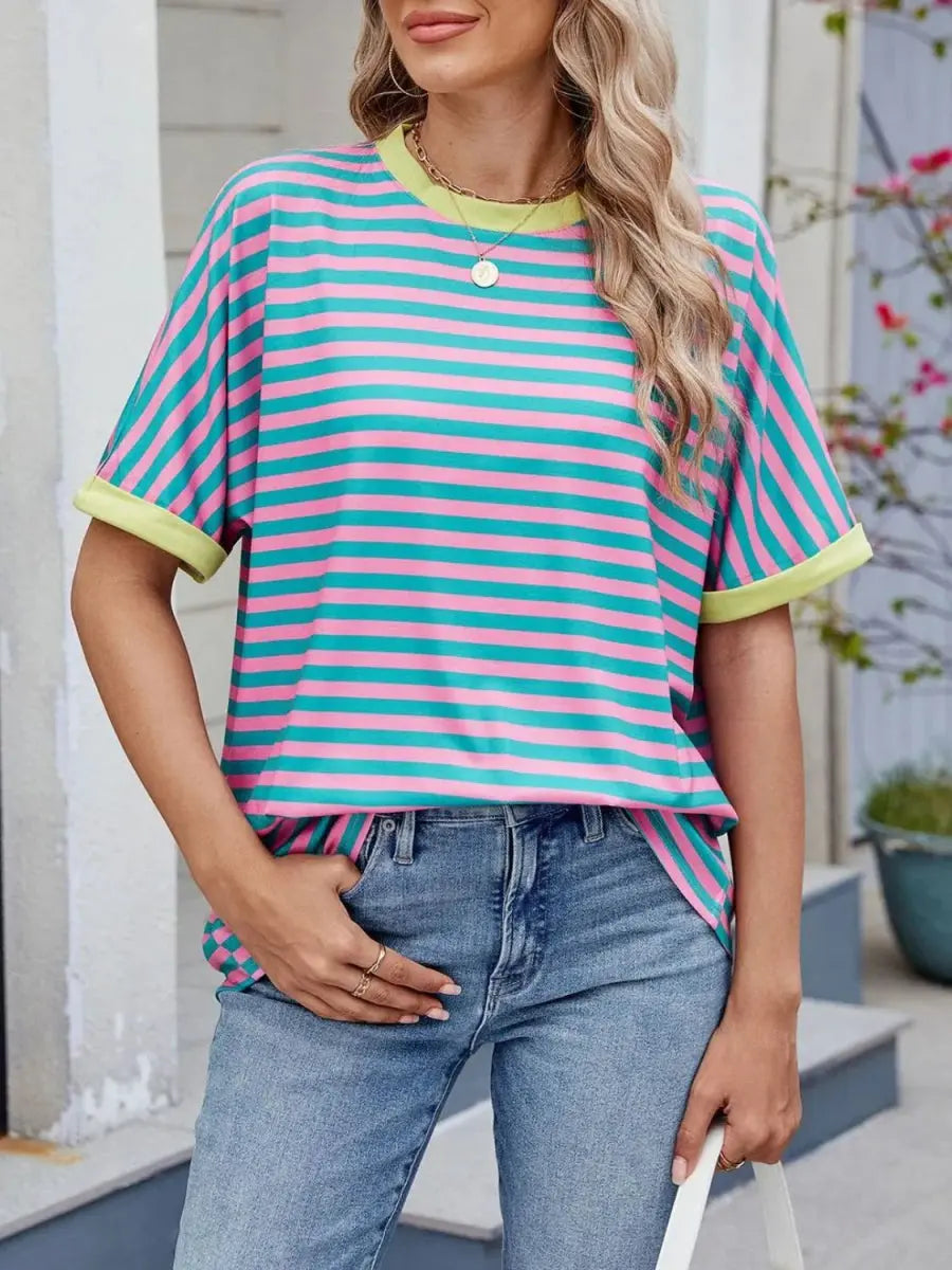 Stylish Striped Round Neck Half Sleeve T-Shirt for Women - Love Salve